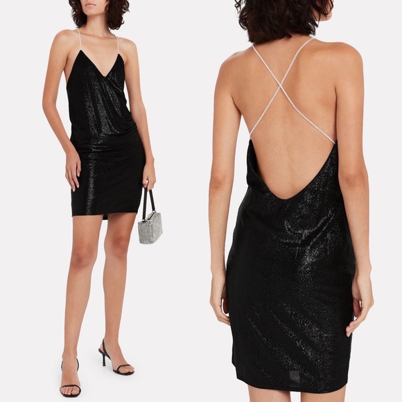 MICHELLE MASON Embellished Strap Shimmer Backless Mini Slip Dress in Black - Picture 5 of 10